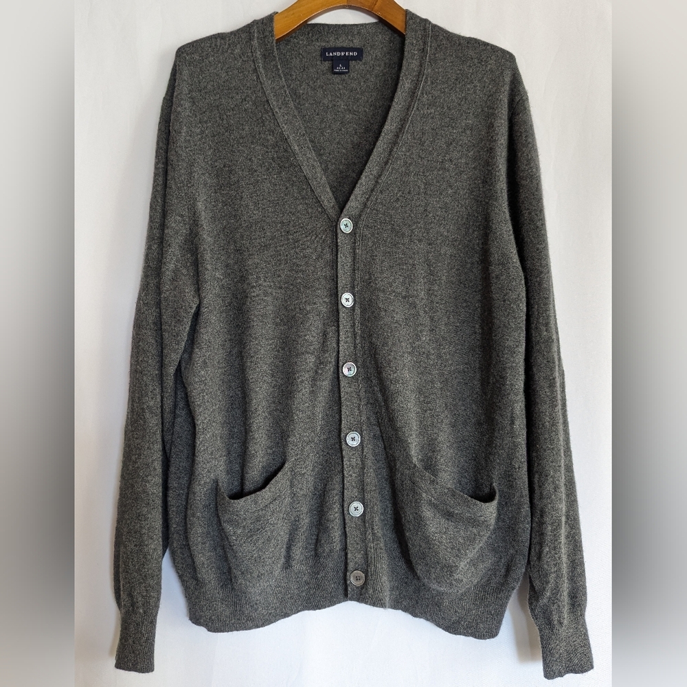 Men's Large Lands End Gray Cardigan Sweater 100% Cashmere V-neck Button Up